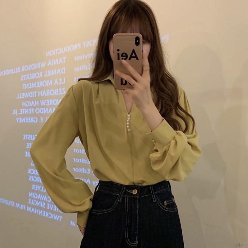 Áo Sơ Mi Nữ Tay Dài Cổ Chữ V Màu Trơn Phong Cách Hàn Quốc