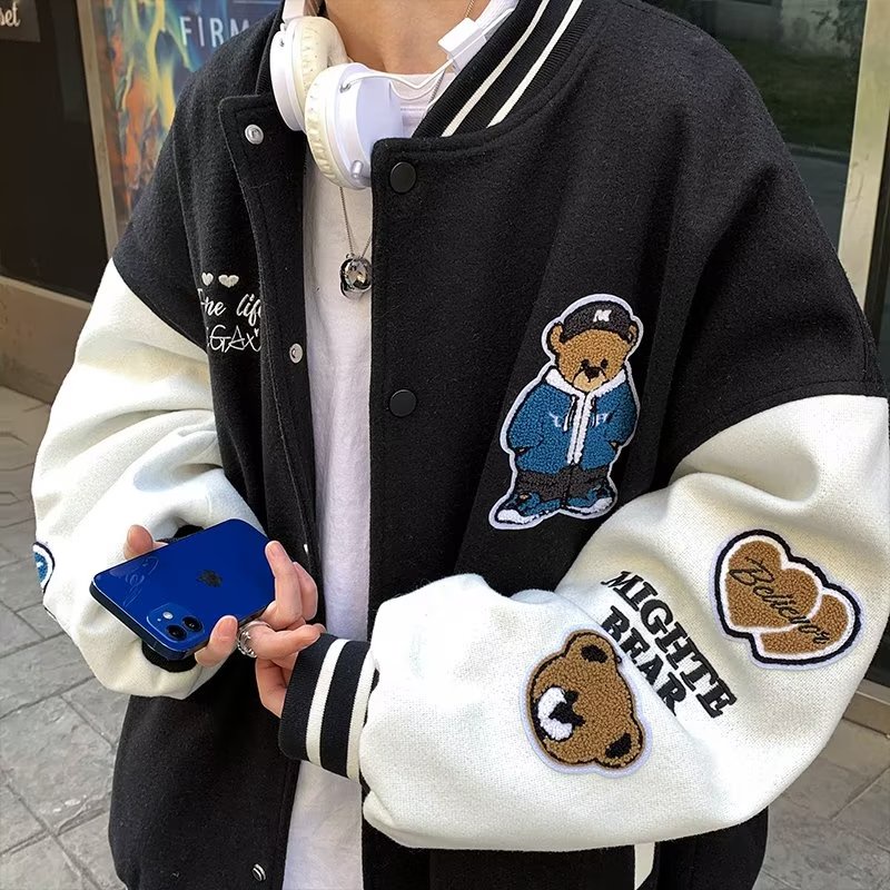 Áo Khoác bomber Màu Xanh Lá Thêu Họa Tiết Phong Cách Hàn Quốc plus size M-3XL retro áo bomber nỉ nam simple áo varsity jacket from rộng varsity jacket bomber