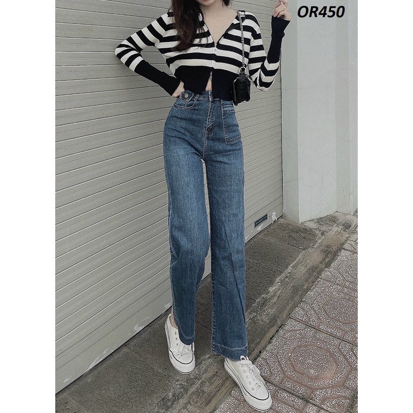 Quần jeans ống suông rộng co giãn lai bản to OR450