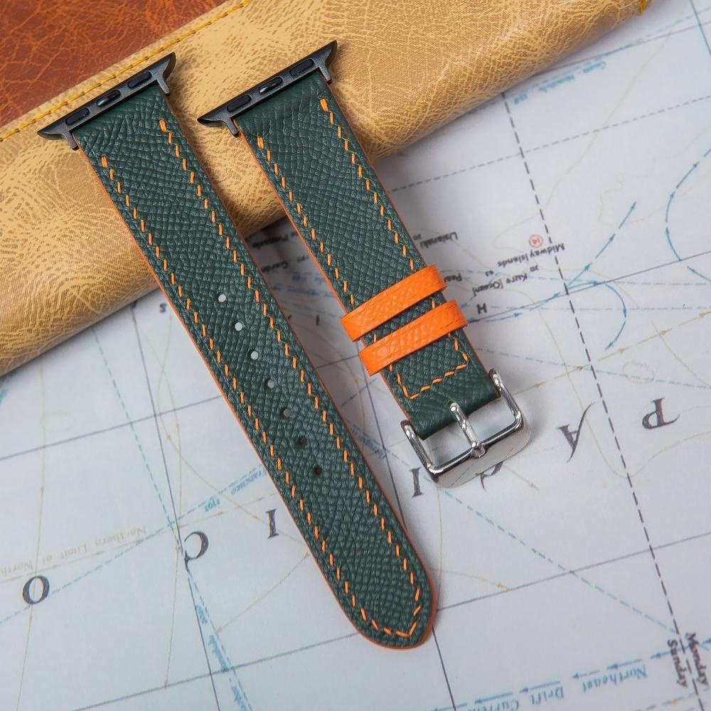 Dây da đồng hồ Apple- Watch seriees 3 4 5 6 Epsom phối màu cam lót Zermatt size 38mm 40mm 42mm 44mm handmade Vnstrap Q48
