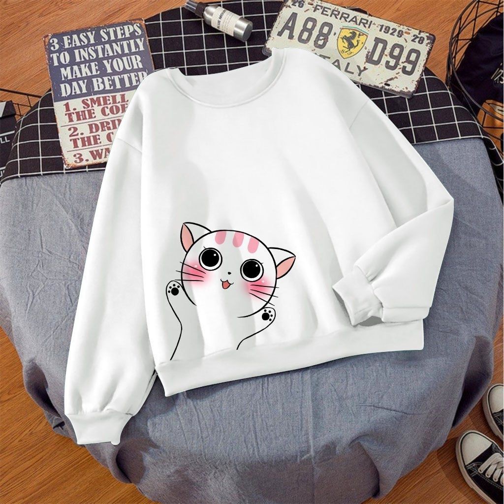 ÁO SWEATER NỈ UNISEX NỮ IN MÈO MÁ HỒNG SIÊU DỄ THƯƠNG ÁO NỈ NHIUEEF MÀU ĐỦ SIZE