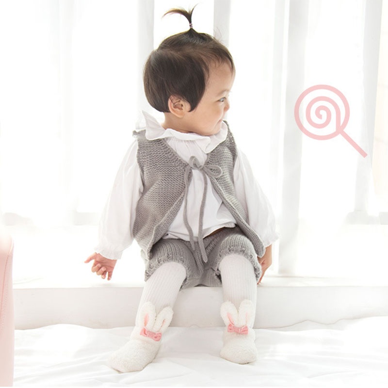 Vớ nhung san hô mùa đông chống trượt đính nơ tai thỏ dễ thương giữ nhiệt cho bé sơ sinh
