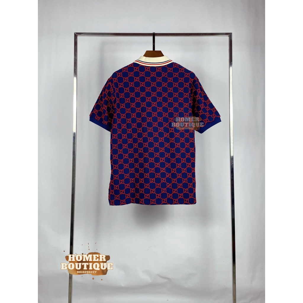 Áo Polo Chất Cotton Vân Thêu Rõ Ràng Gucci GG Stretch Cotton Polo Shirts/Blue Red