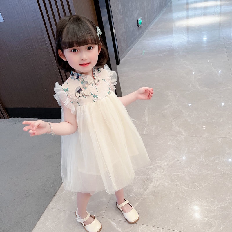 Đầm Công Chúa Chiffon Tay Ngắn Phối Lưới Phong Cách Trung Hoa Mới Mùa Hè Cho Bé Gái