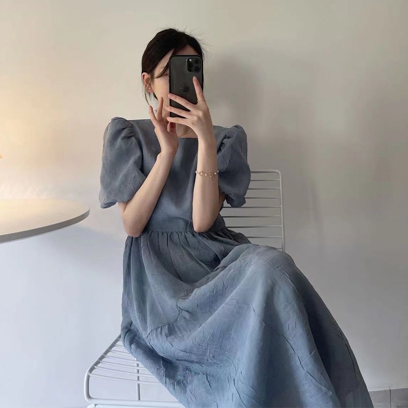 Đầm Dài Tay Phồng Màu Sắc Trơn Thời Trang Mùa Hè Hàn Quốc Dành Cho Nữ