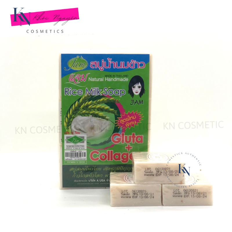 Xà Phòng Cám Gạo Thái Lan Jam Rice Milk Soap Kích Trắng Da Xà Phòng Bánh Vuông 65gr