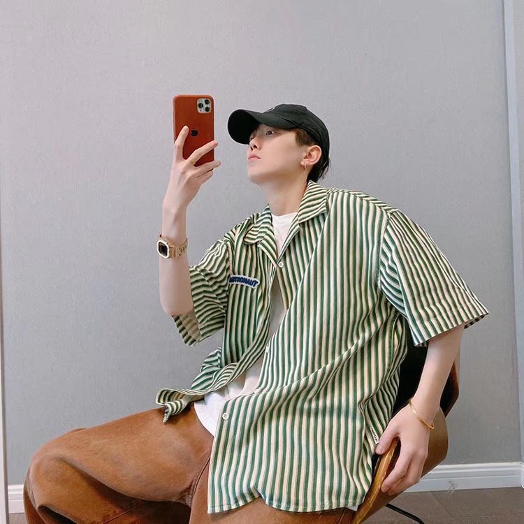 Áo Sơ Mi Tay Ngắn Dáng Rộng Họa Tiết Kẻ Sọc Thời Trang Mùa Hè Hàng Mới 2022 Cho Nam