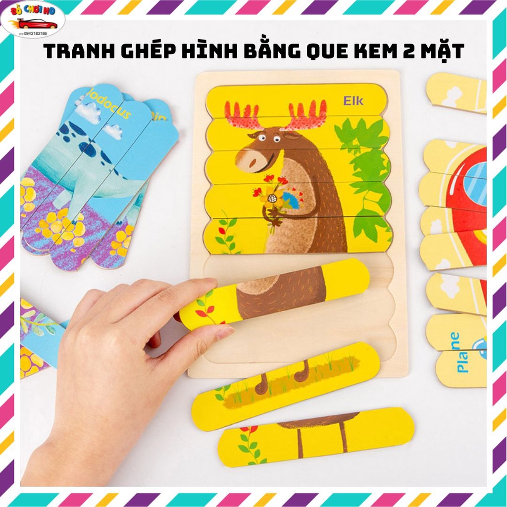 Đồ chơi gỗ tranh ghép hình cho bé 2 mặt, tranh ghép que kem bằng gỗ, đồ chơi giáo dục cho bé(252)