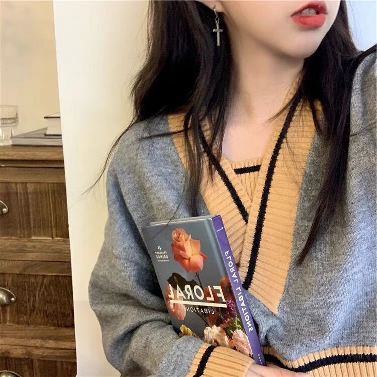 NZN Áo sweater cổ V dài tay dáng rộng giả hai lớp thời trang retro Hàn Quốc