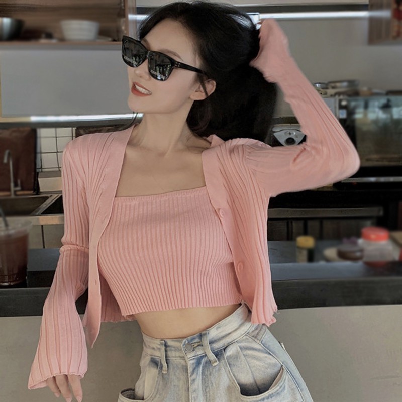 [Baywellfashion]Bộ áo hai dây + áo khoác cardigan màu trơn phối sọc gân phong cách quyến rũ cho phái nữ | BigBuy360 - bigbuy360.vn