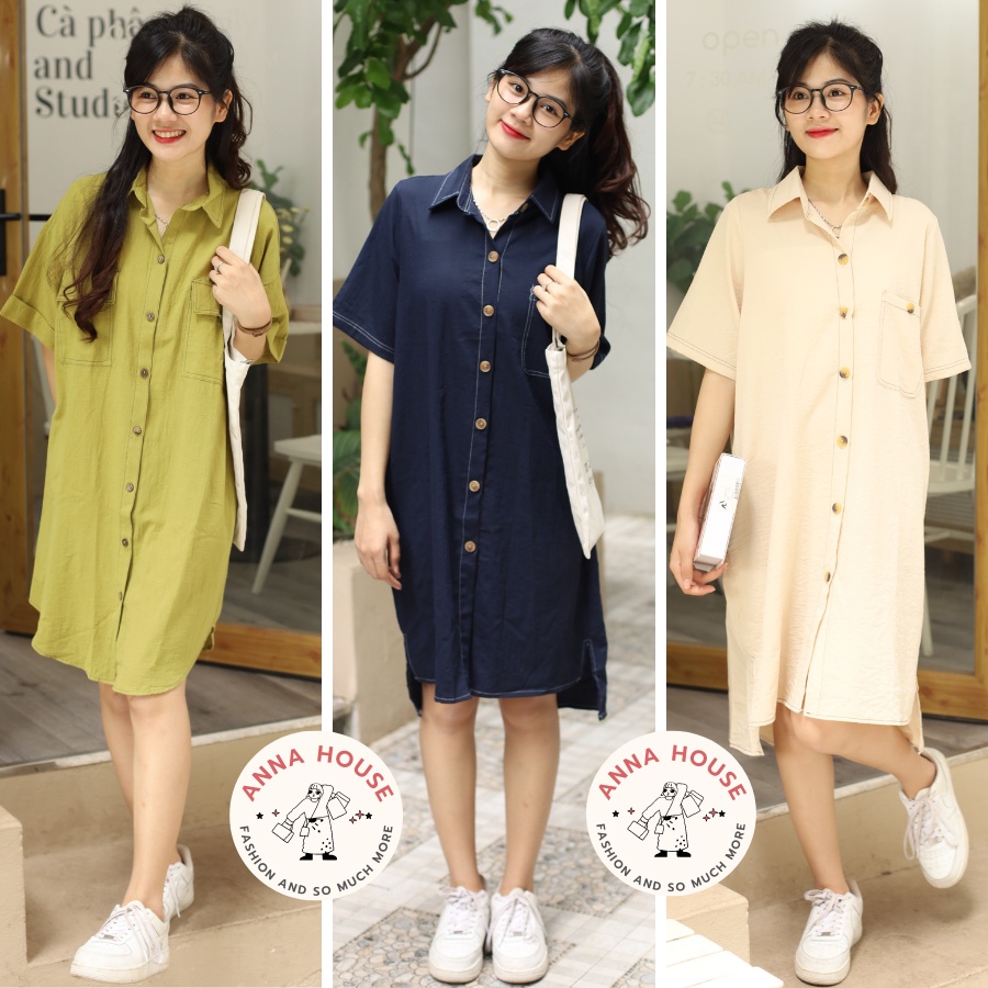 Váy sơ mi viền chỉ cổ đức cộc tay dáng suông dài ULZZANG đuôi tôm , Đầm sơ mi suông dài dáng rộng oversize cúc giả gỗ