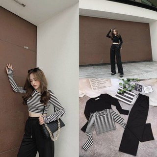 S561 Set Áo thu đông, Áo thun dáng crotop dài tay ôm body phối quần ống suông dây rút