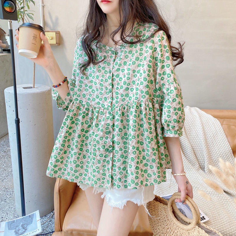 Áo cotton Lanh Cổ Tròn Tay Phồng Họa Tiết Hoa Đơn Giản Thời Trang Phong Cách Hàn Quốc Cho Nữ