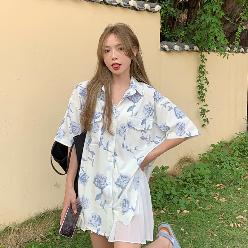 SUXI Áo sơ mi tay ngắn dáng rộng in hoa kiểu retro Hàn Quốc thời trang mùa hè cho nữ