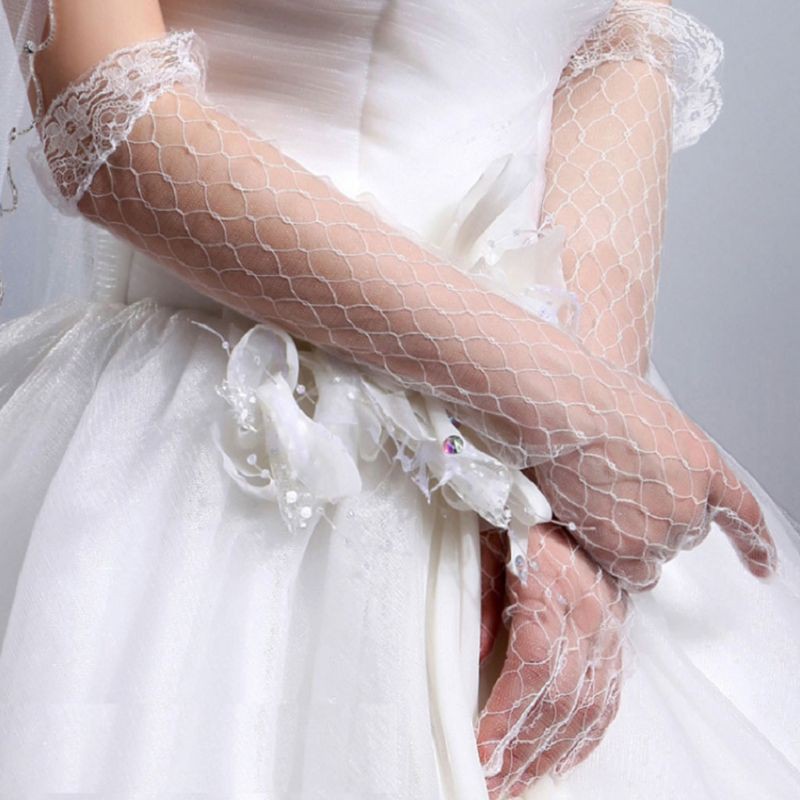 Găng tay dài phối ren hoa xuyên thấu thời trang cho cô dâu