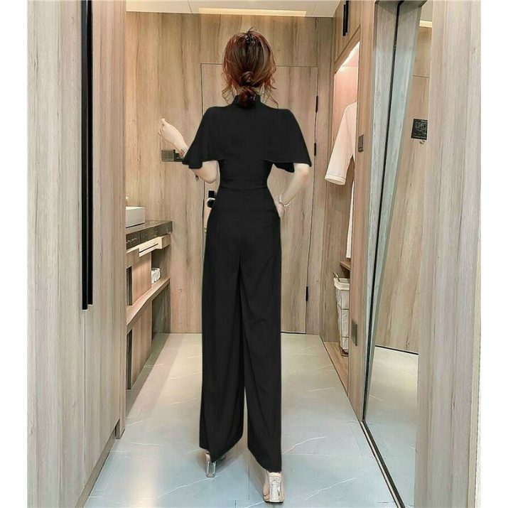 Hàng nhập - Jumpsuit dài ống rộng tay cánh tiên, bộ jum đồ bay lụa phối voan