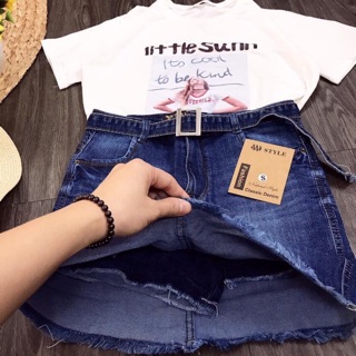 Chân váy jeans quần màu xanh đậm phối woat