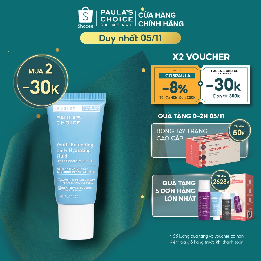 Kem ngày mềm mịn, chống nắng phổ rộng Paula's Choice Resist Youth-Extending Daily Mattifying Fluid SPF 50 15ml Mã 7807