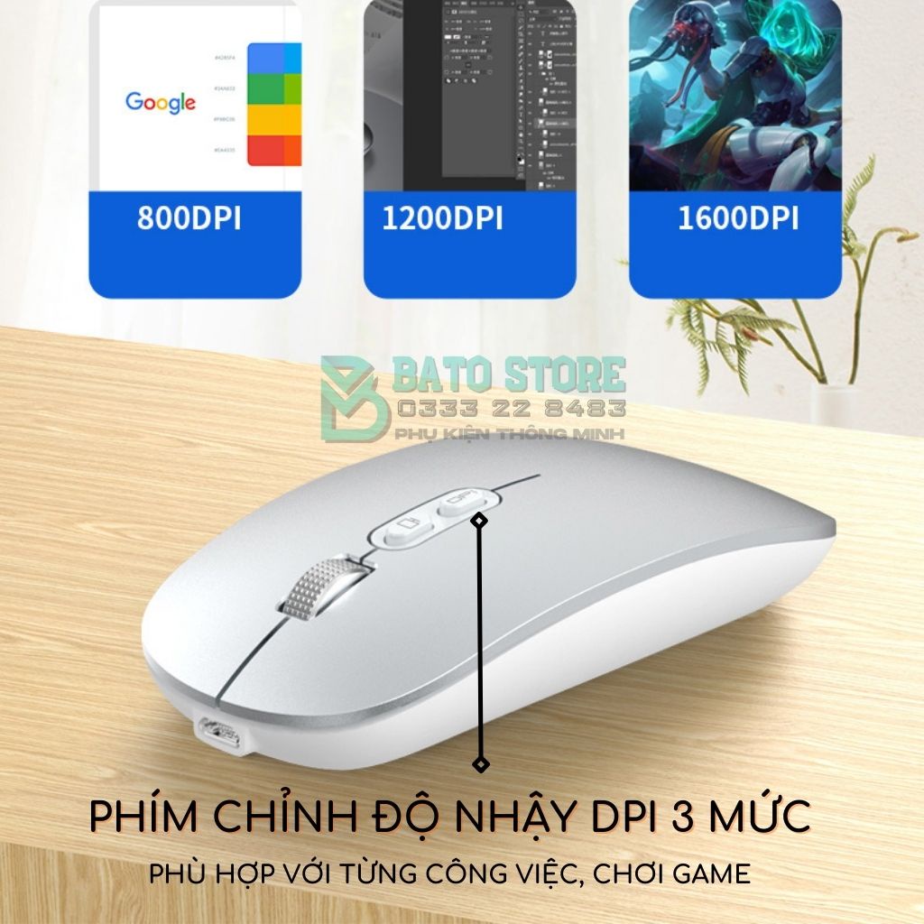 Chuột Không dây Bluetooth/ Wireless M103 Pin Sạc Dùng Cực Lâu 1 Tháng, Click Siêu Êm Không Tiếng, 1600DPI - Kèm cáp sạc