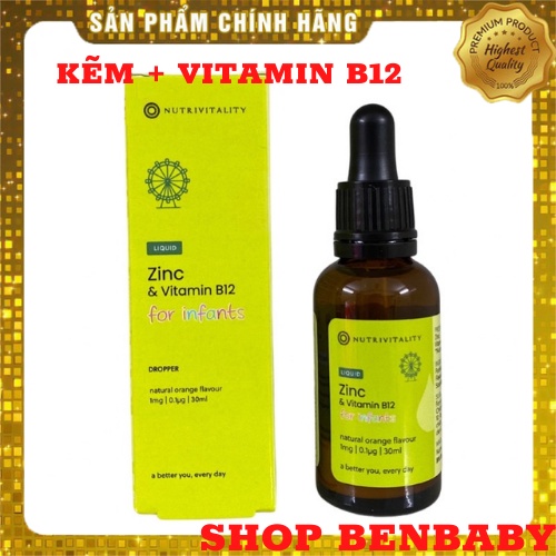 Kẽm giọt Nutrivitality Zinc bổ sung Vitamin B12 - 30ml, kẽm giọt tăng đề kháng, bé ăn ngon, ngủ ngon, hỗ trợ tiêu hóa