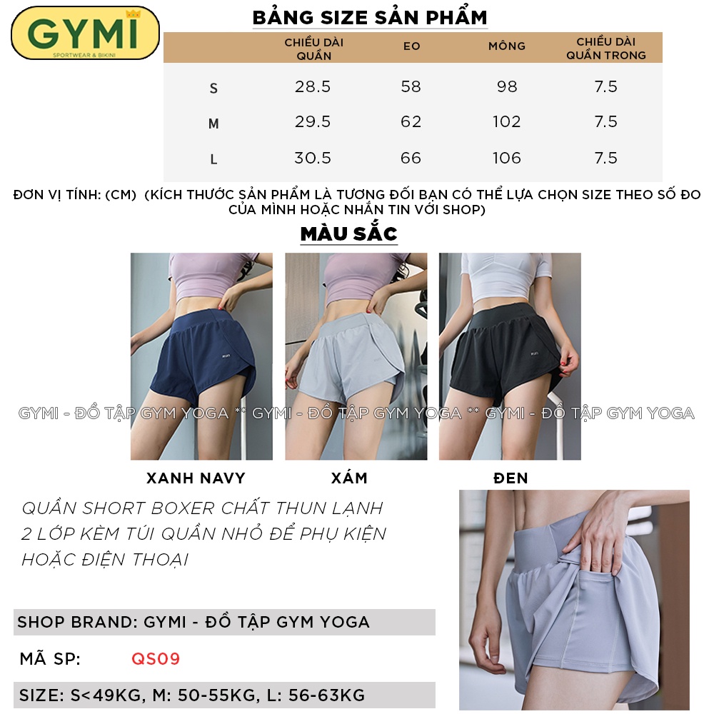 Quần tập gym yoga nữ 2 lớp GYMI QS09 dáng đùi short boxer thể thao chất vải thun lạnh kèm túi đựng điện thoại