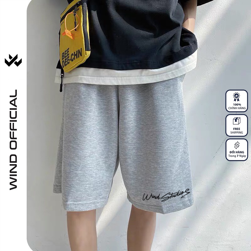 Quần short thun nam nữ WIND unisex ống rộng SIGNATURE đùi lửng ngố thời trang mặc nhà