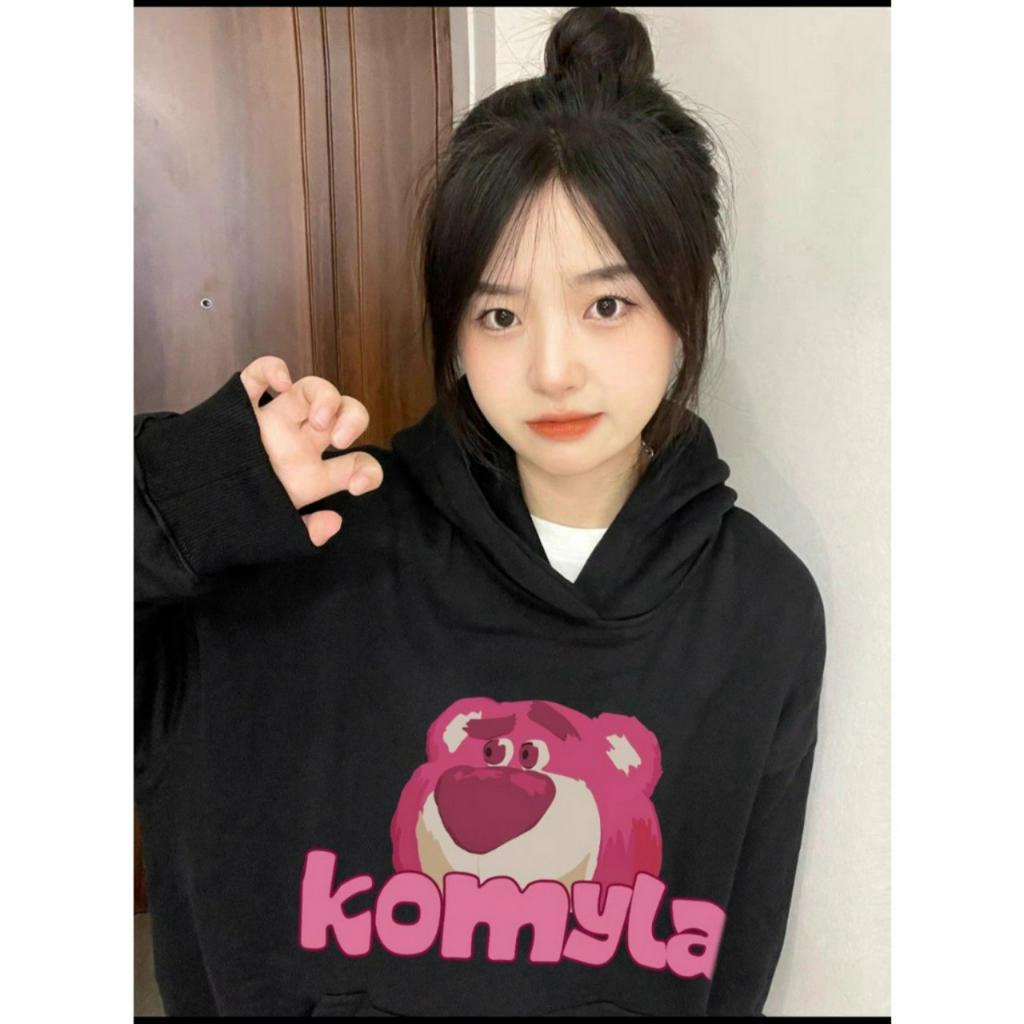 Áo Khoác Hodie Nỉ Unisex Nam Nữ In Hình GẤU Dâu Hoạt Hình Komyla Form Rộng Dưới 55kg