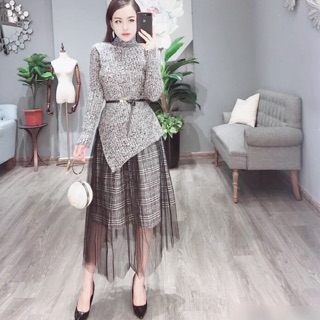 Set áo len kèm chân váy kẻ + belt như hình