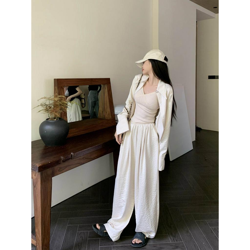 Set Áo Sơ Mi Tay Dài Phối Quần Dài Ống Rộng Thời Trang Trẻ Trung