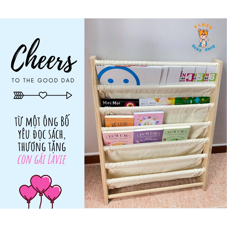 Kệ sách Montessori 7 tầng làm từ 100% gỗ thông tự nhiên và vải canvas cho bé đựng sách nuôi dưỡng tình yêu đọc sách
