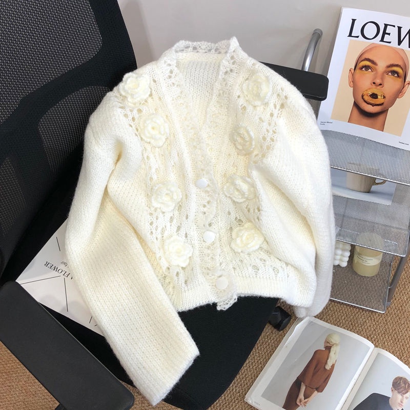 Áo Khoác Cardigan Dệt Kim Thủ Công Họa Tiết Hoa Xinh Xắn Cho Nữ  tao bao