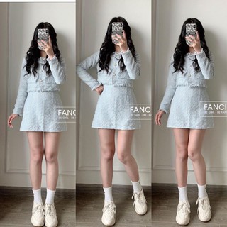 Set dạ tweed xanh dương tay dài sang chảnh kèm ảnh thật