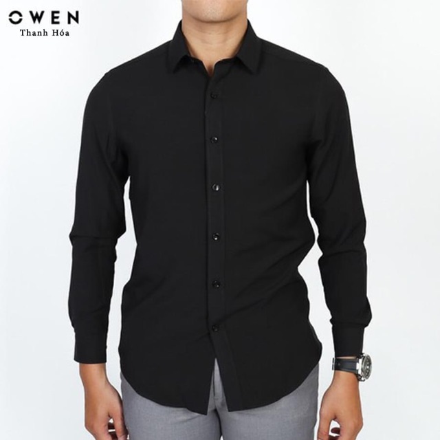 OWEN - Áo sơ mi dài tay Owen regular fit màu đen trơn 90646