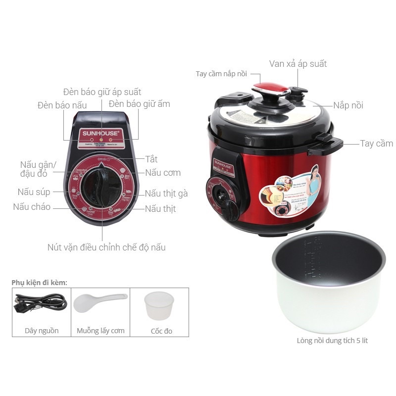 Nồi áp suất điện, nồi nấu đa năng, sunhouse 5L SHD1552,shd 1550 5L,SHD1657  6lít hàng chính hãng giá rẻ