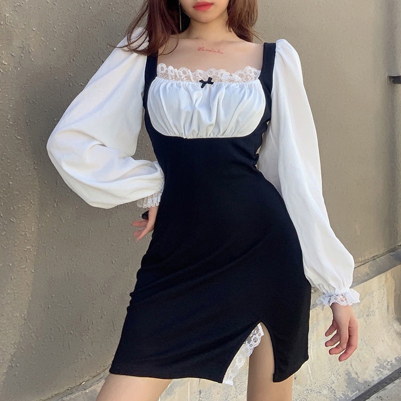 Đầm cổ vuông tay phồng màu trắng đen phong cách Pháp thời trang thu đông cho nữ 2