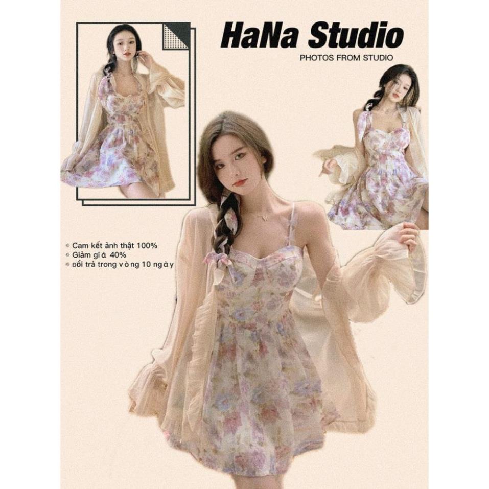 Váy Hoa Bốn 4 Mùa 2 Dây Ngắn Kiểu Tiểu Thư Form Dáng Xòe Chất Vải Voan Lụa Nhẹ Nhàng Mềm Mát