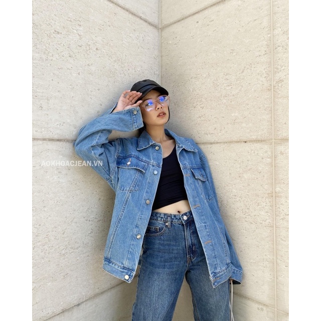 Áo Khoác Jean denim form rộng unisex Xanh Vintage dành cho nam nữ , áo có 6 túi và túi trong
