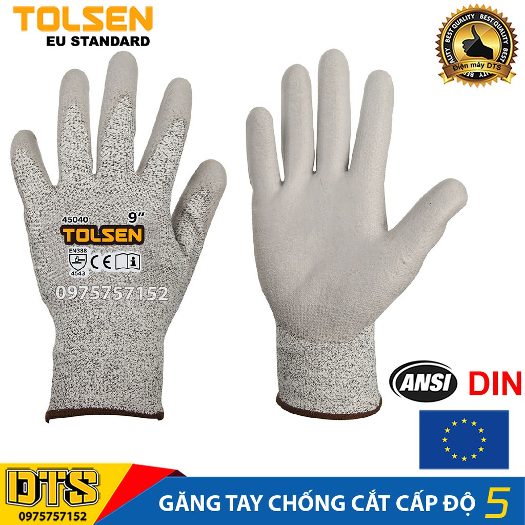 Găng tay chống cắt cấp độ 5 TOLSEN phủ PU, găng tay bảo hộ chống đâm xuyên, mài mòn, xé rách theo tiêu chuẩn EN388 4543