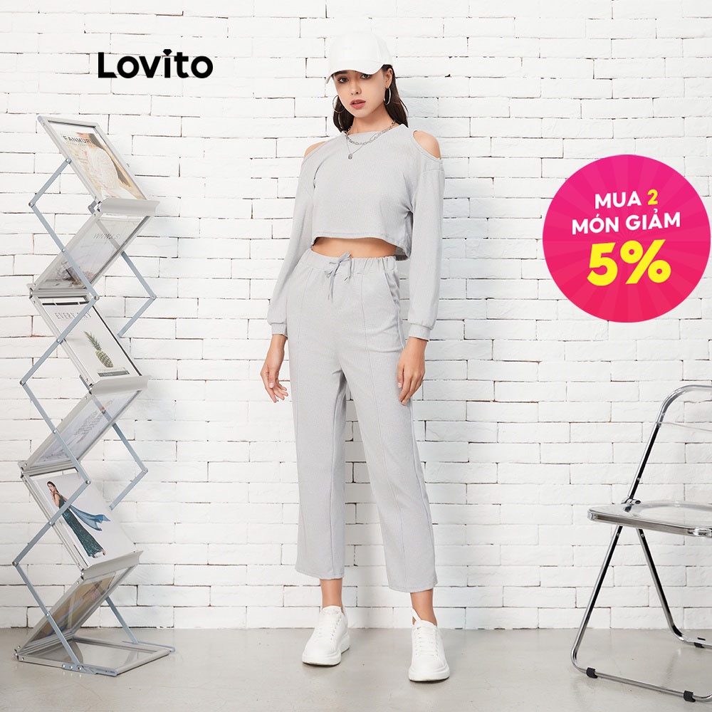Bộ quần áo Lovito màu trơn khoét vai phối dây rút phong cách thường ngày L07076 (màu xám)