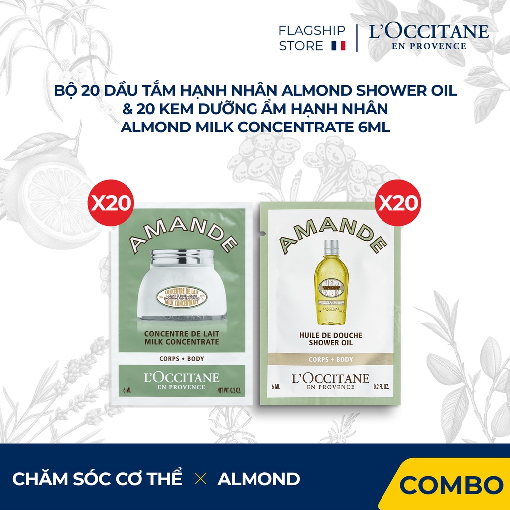 Bộ 20 Sản Phẩm Dầu Tắm Hạnh Nhân Almond Shower Oil &amp; 20 Kem Dưỡng Ẩm Hạnh Nhân Almond Milk Concentrate 6ml (6mlx40 gói)