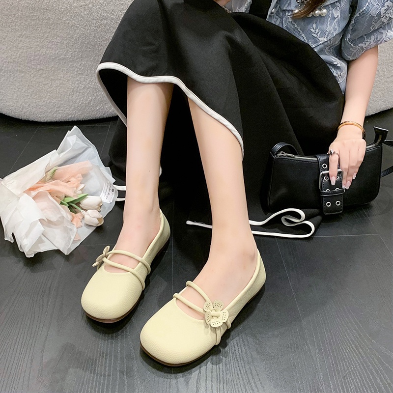 ❤Giày Búp Bê Da Mũi Tròn Đế Mềm Đính Hoa Phong Cách Hàn Quốc Cho Nữ