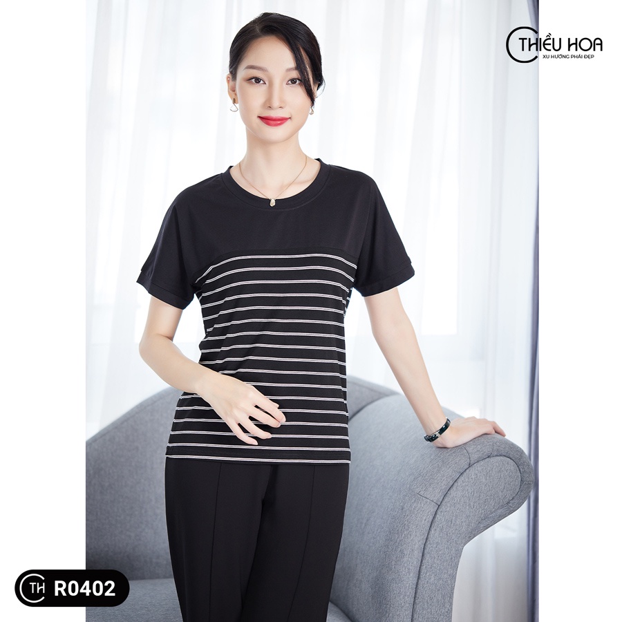 Áo Thun Trung Niên Nữ Cao Cấp  hoạ tiết sọc ngang, Áo Phông Trung Niên chất liệu Cotton mềm mịn, thiết kế đơn giản