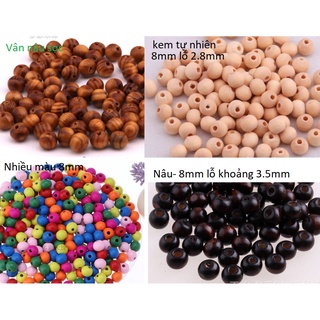33-165 hạt gỗ tròn size 8mm Vân nâu, màu kem, nhiều màu
