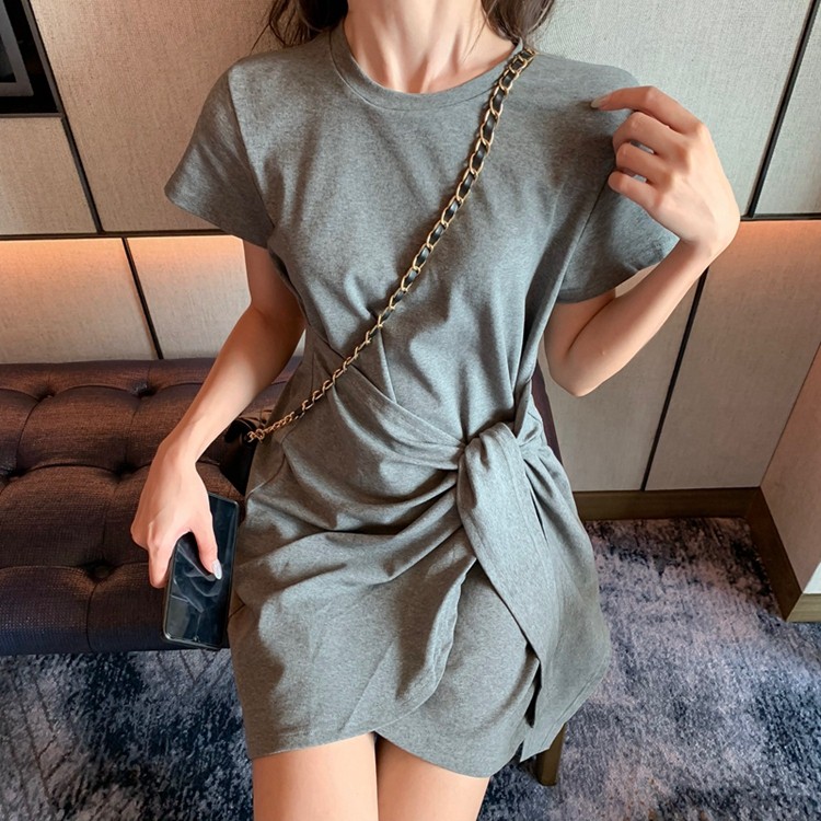 Casual Dress for Women Loose Dress Korean Dress for Women Black Dress Grey Cotton Dress Short Sleeve Midi Dresses for Women Koean Dress Woman Dress Irregularity T Shirt Dress