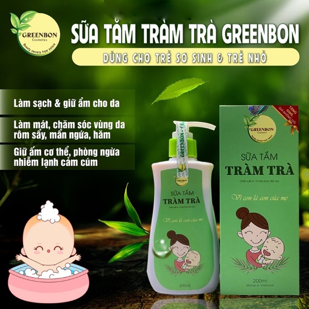 Sữa Tắm Gội Tràm Trà GreenBon Giảm Rôm Sảy &amp; Hăm Kẽ Vượt Trội 200ml an toàn cho trẻ sơ sinh &amp; em bé