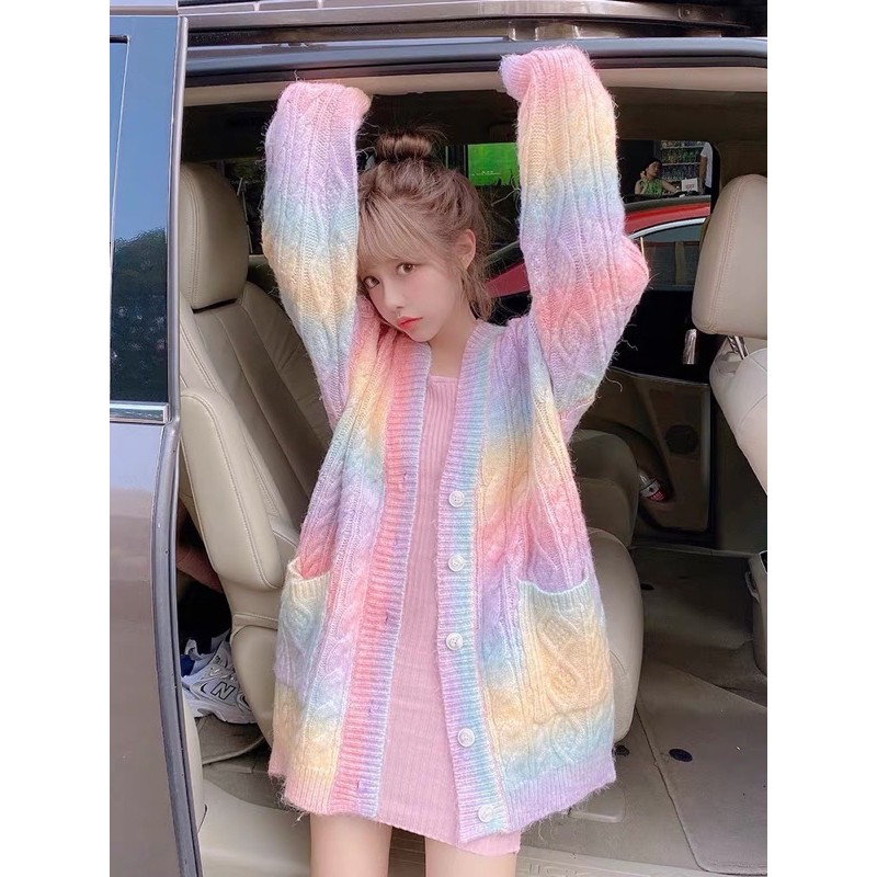 Áo khoác len màu cầu vồng Rainbow cardigan phiên bản dài phong cách ulzzang | BigBuy360 - bigbuy360.vn