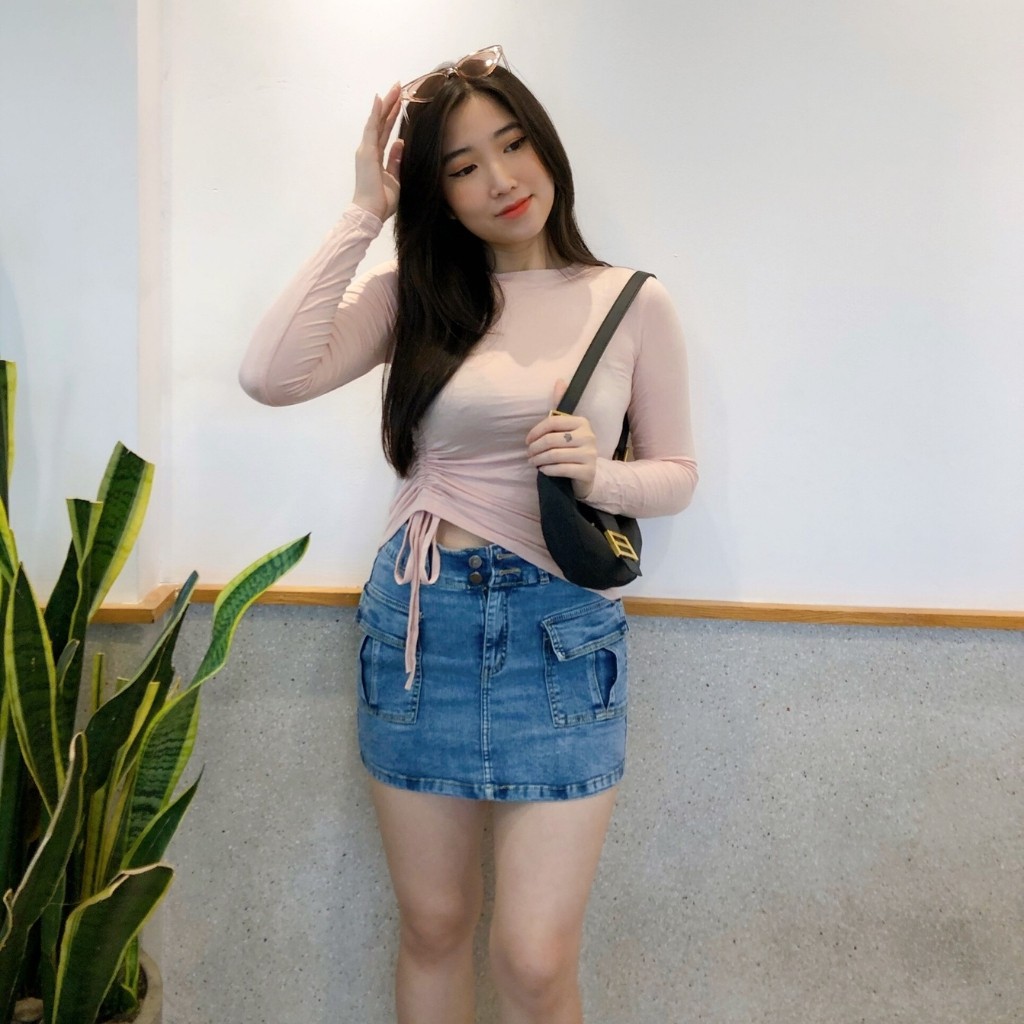 Áo Kiểu Croptop Rút Dây Eo Tay Dài Chất Borip Dày Dặn Mềm Mại Co Giản Mạnh Size 53kg