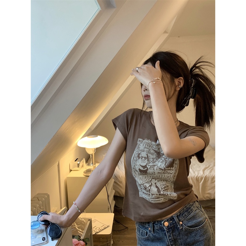 Áo Thun Tay Ngắn Dáng Ôm In Họa Tiết Cổ Điển Thời Trang Phong Cách Hàn Quốc Cho Nữ