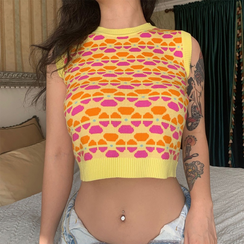 Áo Croptop Len Không Tay Cổ Tròn Màu Sắc Tương Phản Thời Trang Mùa Hè Dành Cho Nữ