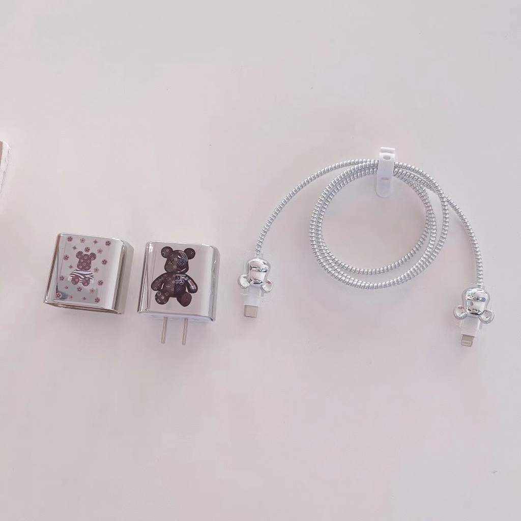 1 Set Vỏ Bảo Vệ Dây Cáp Sạc USB/ Truyền Dữ Liệu Bằng TPU Mềm Hình Gấu 3D Sang Trọng 18W/20W Dành Cho iPhone